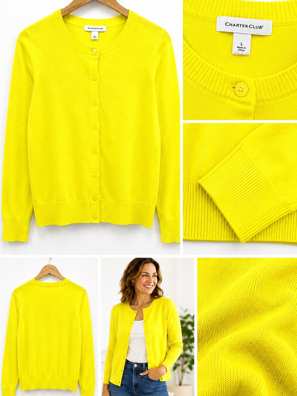 Charter Club Yellow Cardigan Sweater Women’s Size L Bright Lemon Yellow